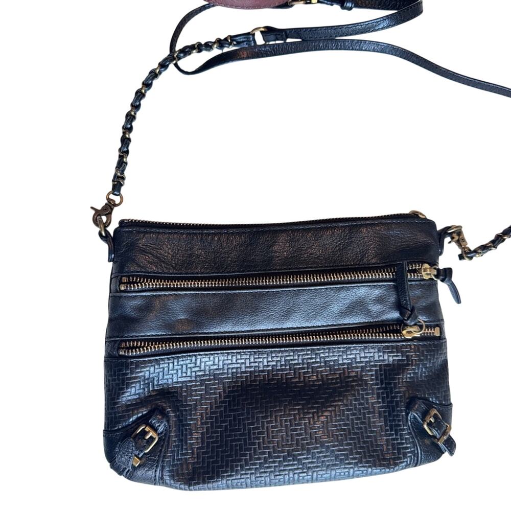 Elliott Lucca Black Woven Leather Crossbody Handbag Bag Purse Womens